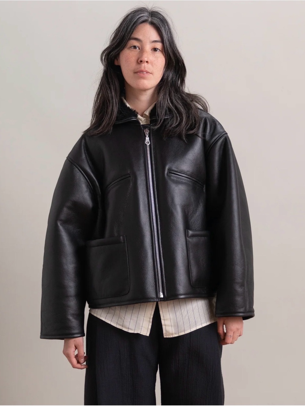 CAWLEY STUDIO LEATHER BACK SHEEPSKIN FLYING JACKET IN BLACK